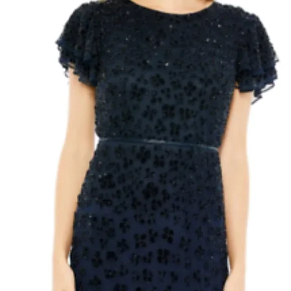 MAC DUGGAL 10771 FLOUNCE SLEEVE MIDI MIDNIGHT NAVY MIDI DRESS sz 6